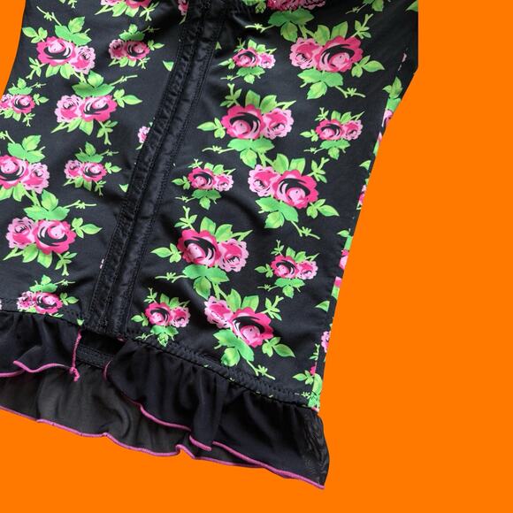 00's vintage black and pink rose floral satin tube top y2k bustier corset LARGE - Picture 5 of 6